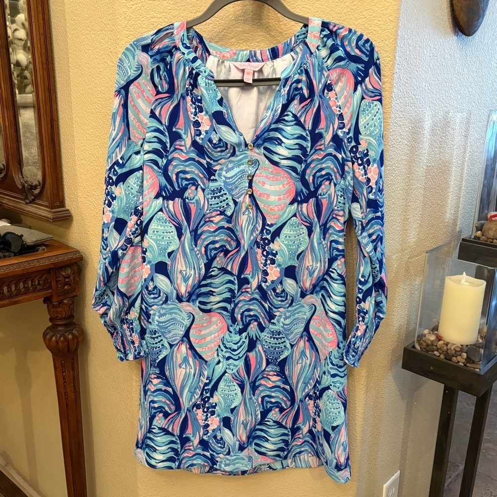 LILLY PULITZER Women Brynle Twilight Blue Scale Up Print Tunic Dress Size XS